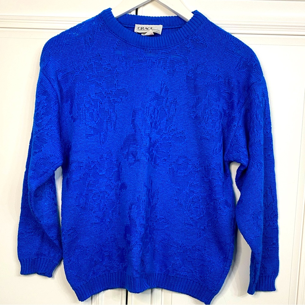 Vintage Grace Women’s Size Small Blue Crew Neck Sweater 3/4 Sleeves Textured